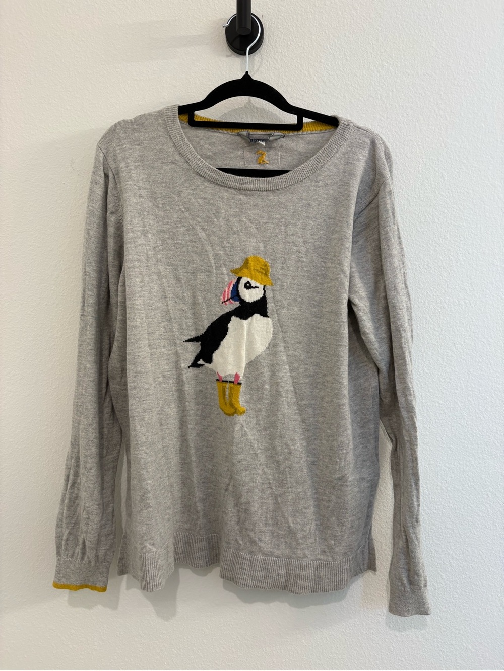 Joules Knitwear Light Gray Puffin Sweater with Yellow Accents